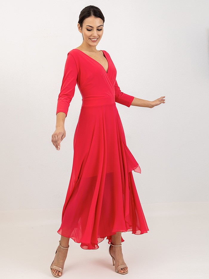 Długa czerwona sukienka weselna, z rękawem i szerokim dołem Bee Collection Aldona