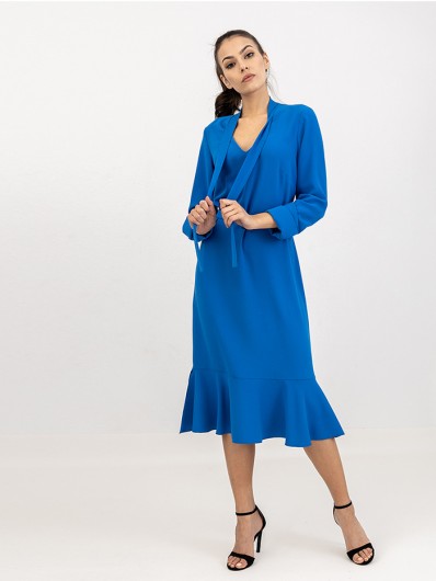 Klasyczna, prosta sukienka niebieska z rękawem i dekoltem w szpic, midi Bee Collection Frid