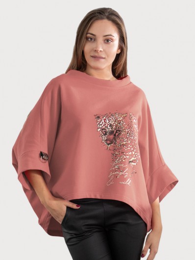 Luźna, tuszująca brzuszek i biust, bawełniana bluza w stonowanym różu Bee Collection Niren