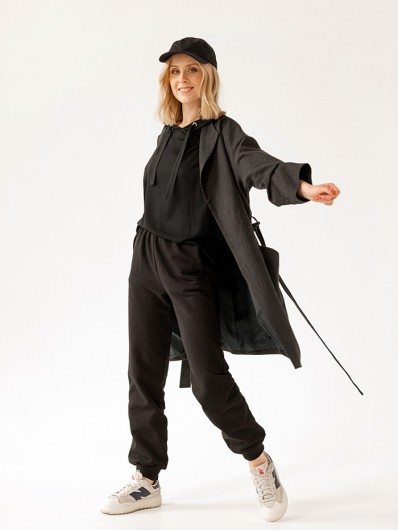 Oversizowy, czarny płaszcz z lnu, zakładany szlafrokowo, płaszcz w nurcie fashion Bee Collection Opal